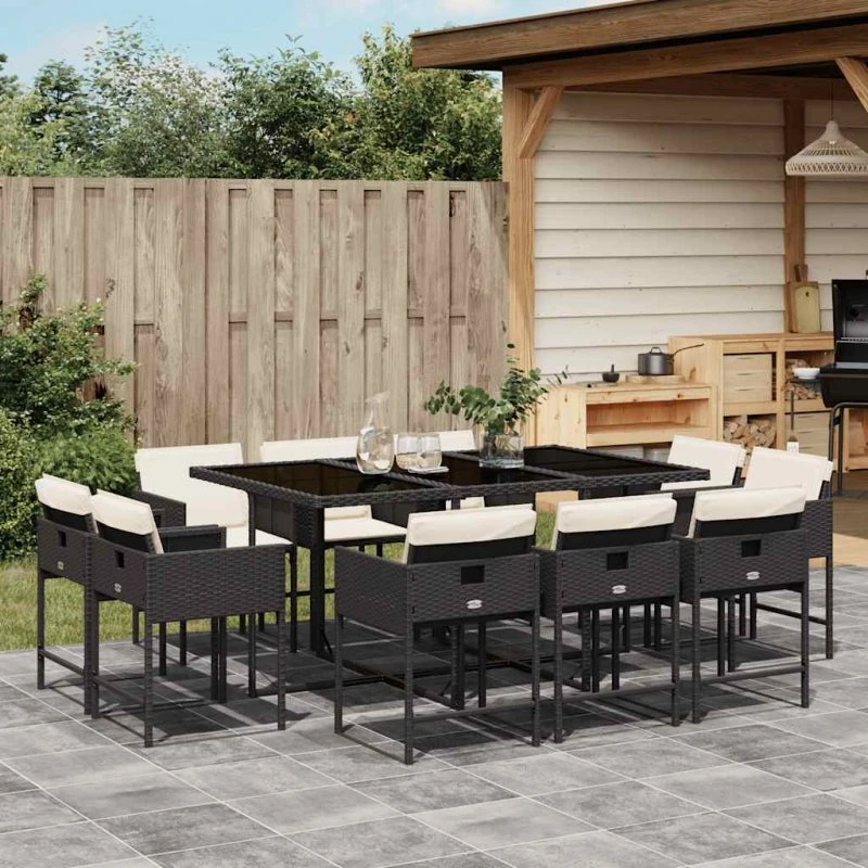 Spisebordssæt i polyrattan 11 dele – sort med hynder