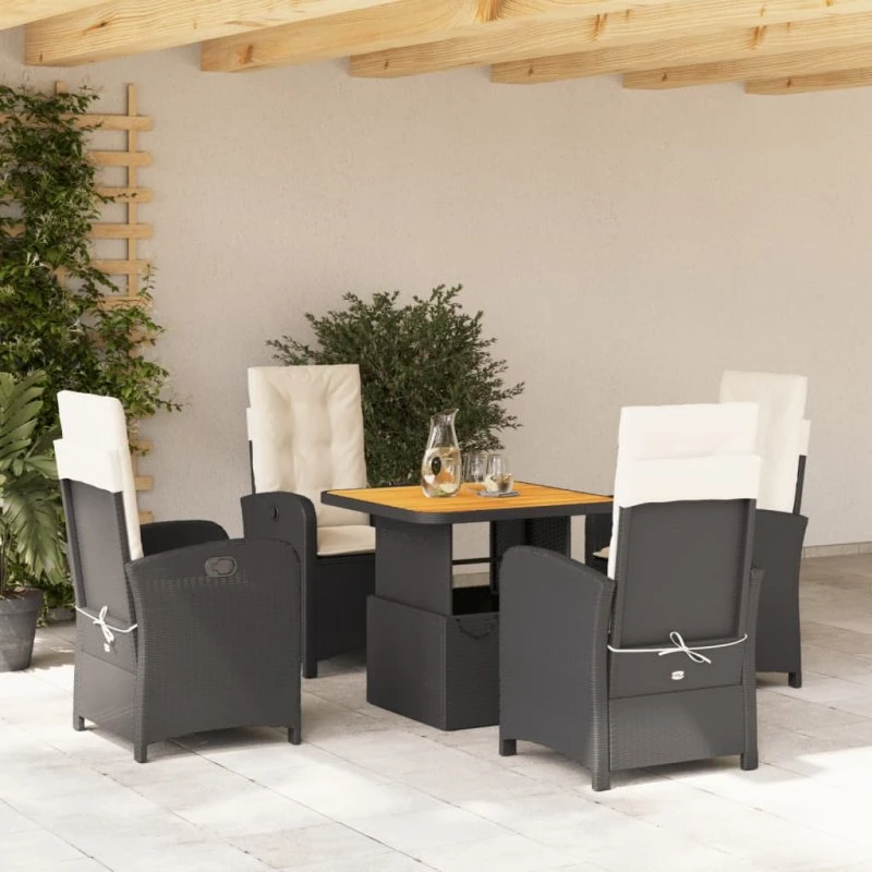 Spisebordssæt i polyrattan 5 dele med hynder - sort