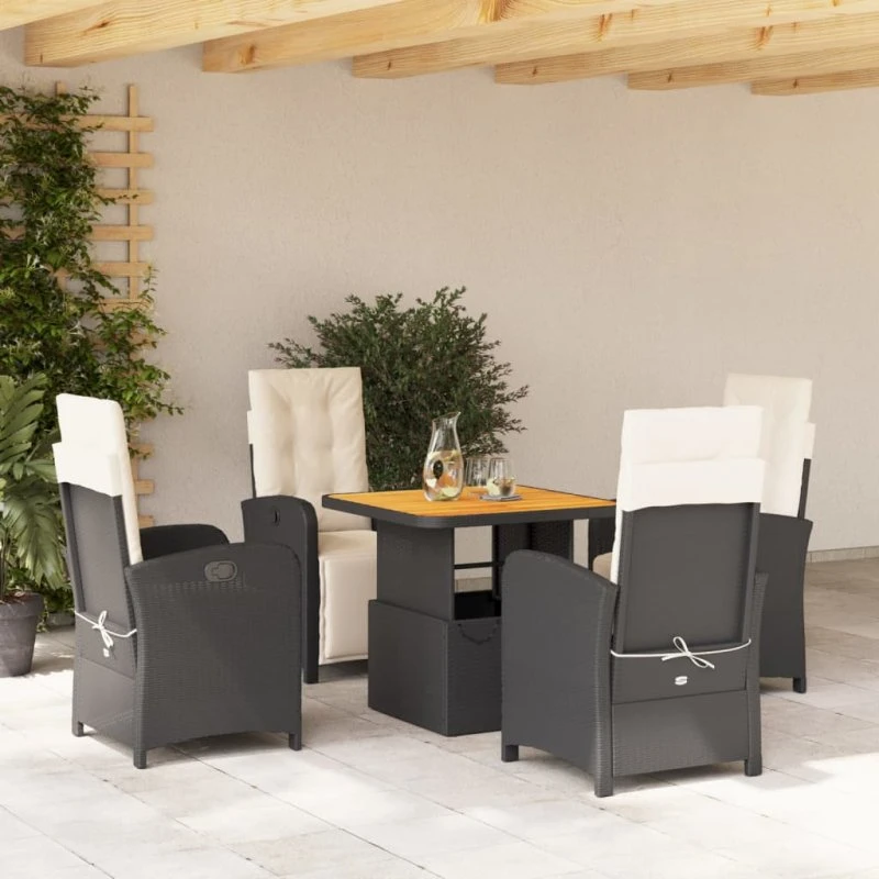 Spisebordssæt 5 dele i sort polyrattan med hynder