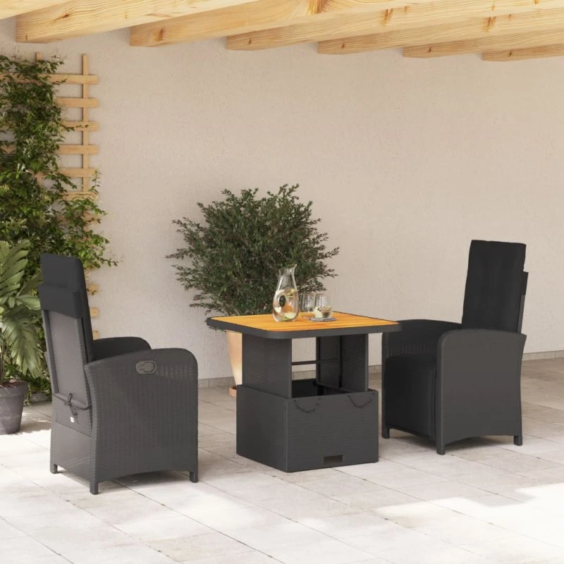 Polyrattan spisebordssæt 3 dele med hynder - sort