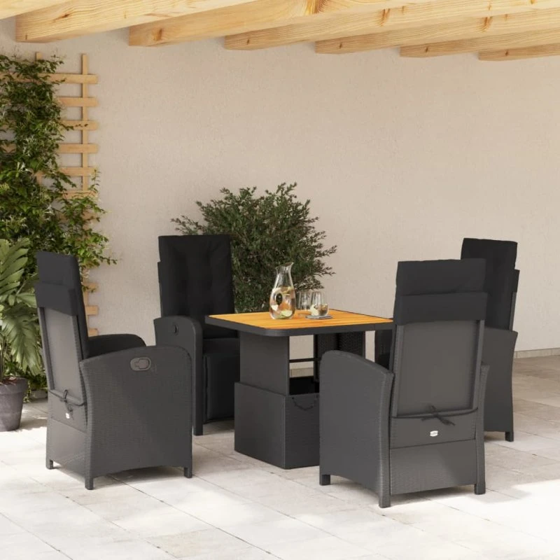 Spisebordssæt i polyrattan 5 dele med hynder - sort