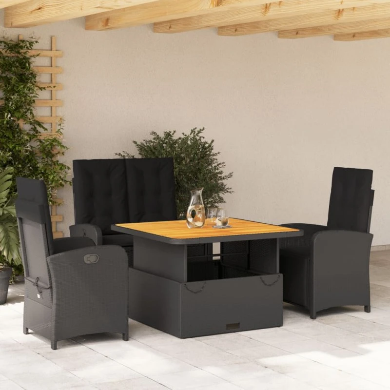 Spisebordssæt i polyrattan 4 dele med hynder, sort