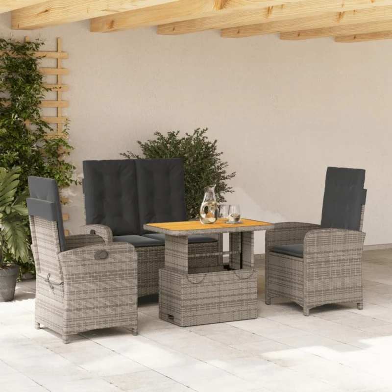 Spisebordssæt i polyrattan 4 dele med hynder - grå