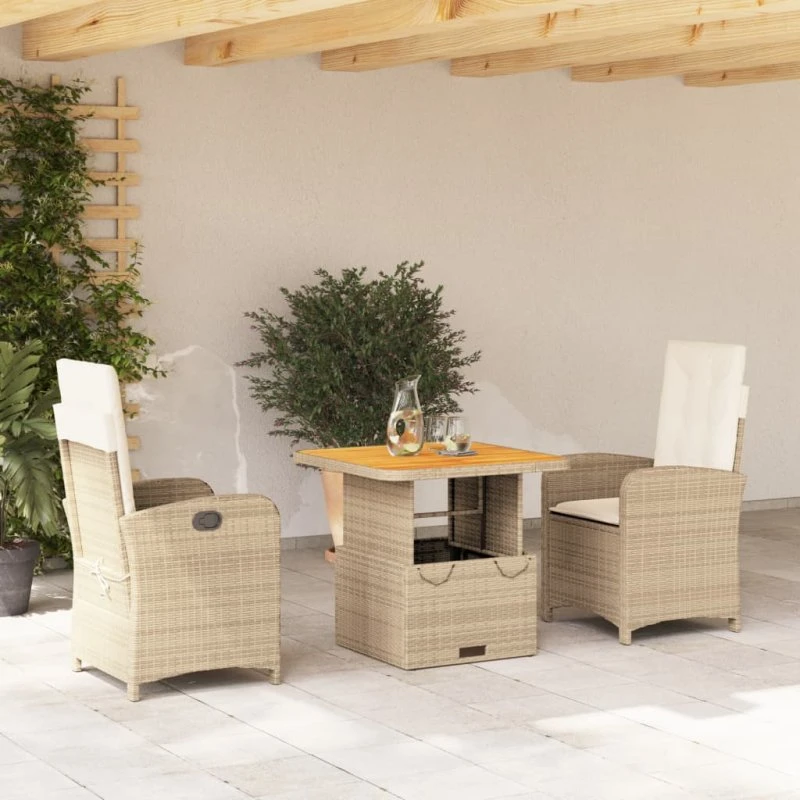 Havemøbelsæt i polyrattan 3 dele med hynder, beige
