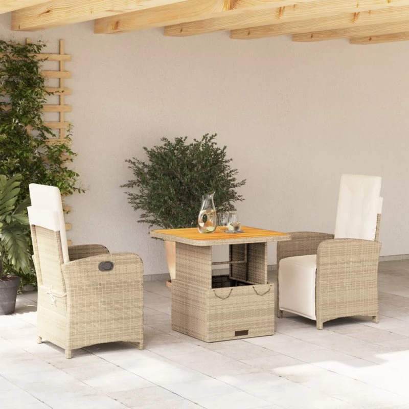 Havemøbelsæt 3 dele i polyrattan med hynder, beige