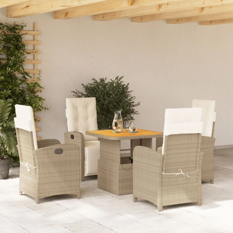 Polyrattan spisebordssæt 5 dele med hynder – beige