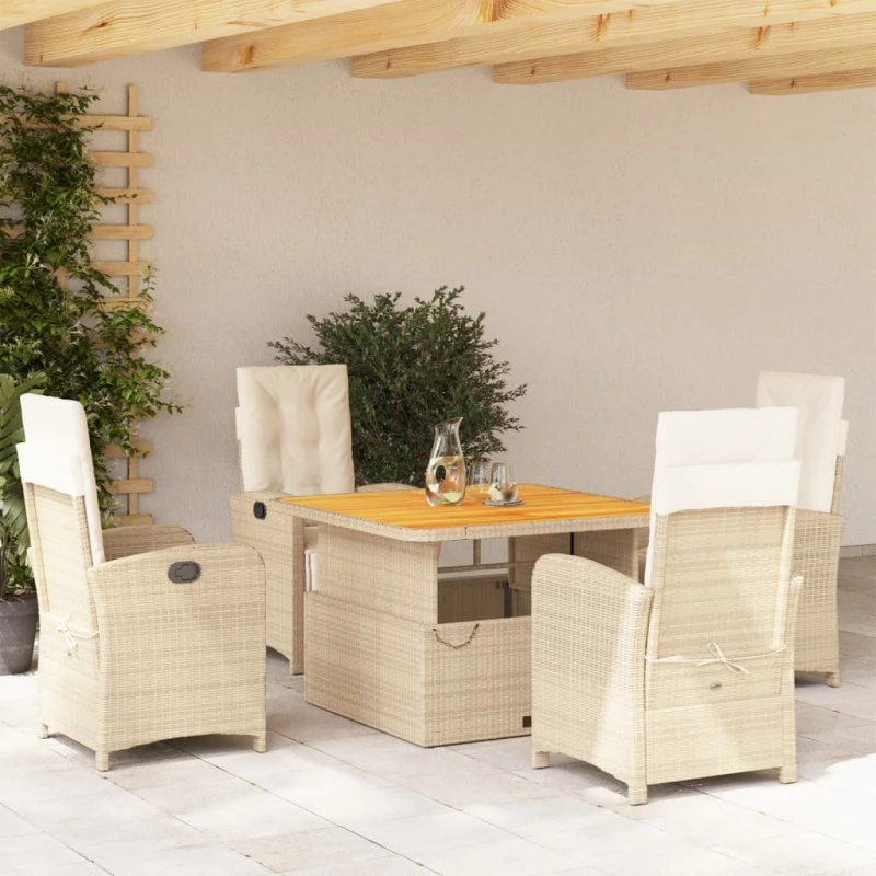 Spisebordssæt 5 dele i polyrattan beige med hynder
