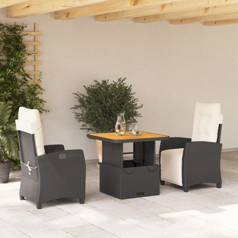 Spisebordssæt til haven 3 dele i sort polyrattan