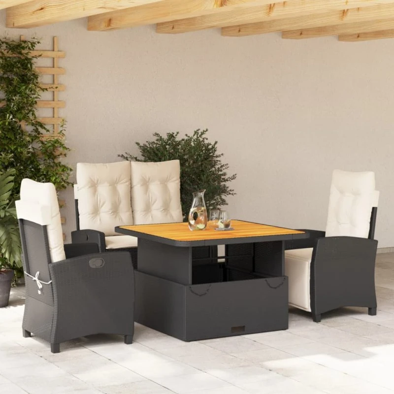 Spisebordssæt til have 4 dele i sort polyrattan med hynder