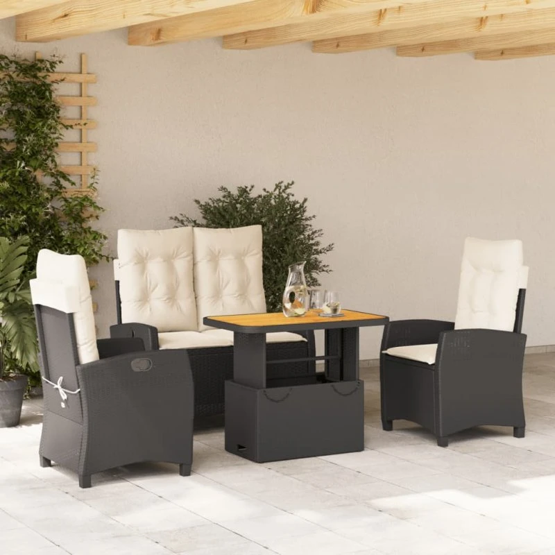 Spisebordssæt i polyrattan 4 dele med hynder - sort
