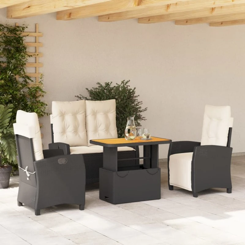 Spisebordssæt i polyrattan 4 dele med hynder - sort