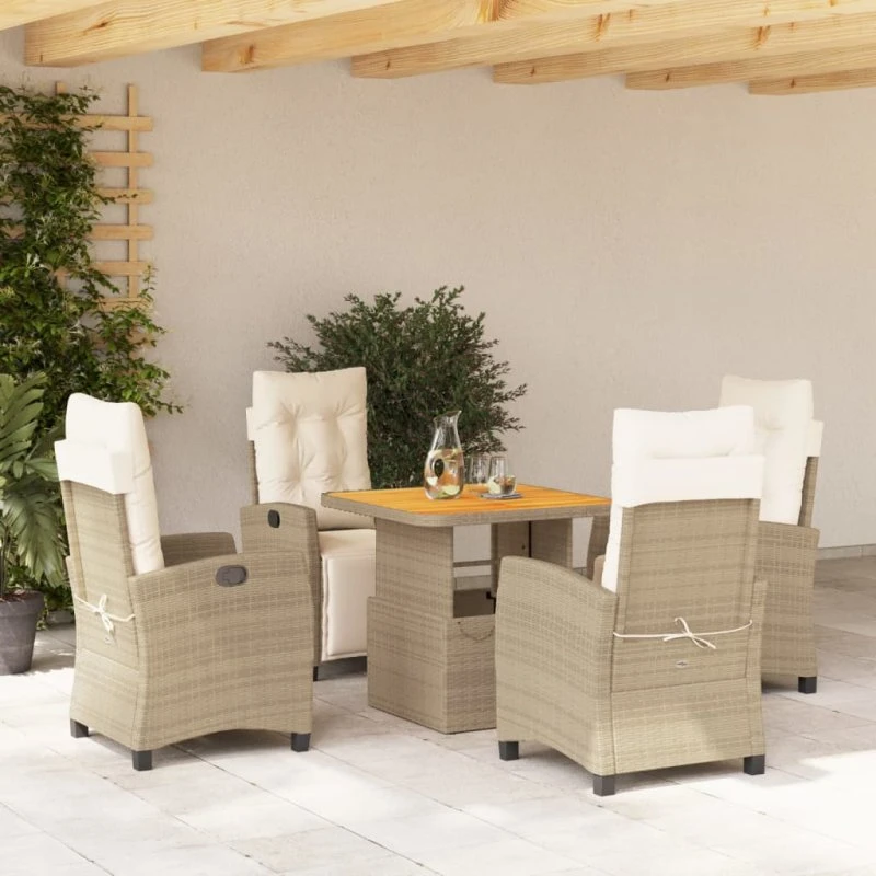 Polyrattan spisebordssæt 5 dele med hynder – beige