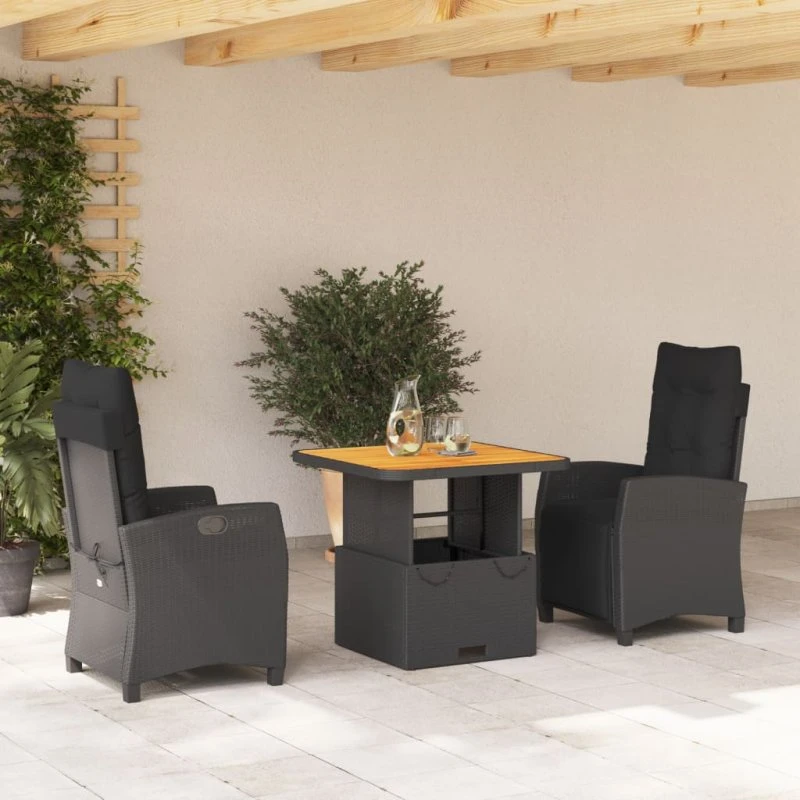 Spisebordssæt til haven 3 dele i sort polyrattan