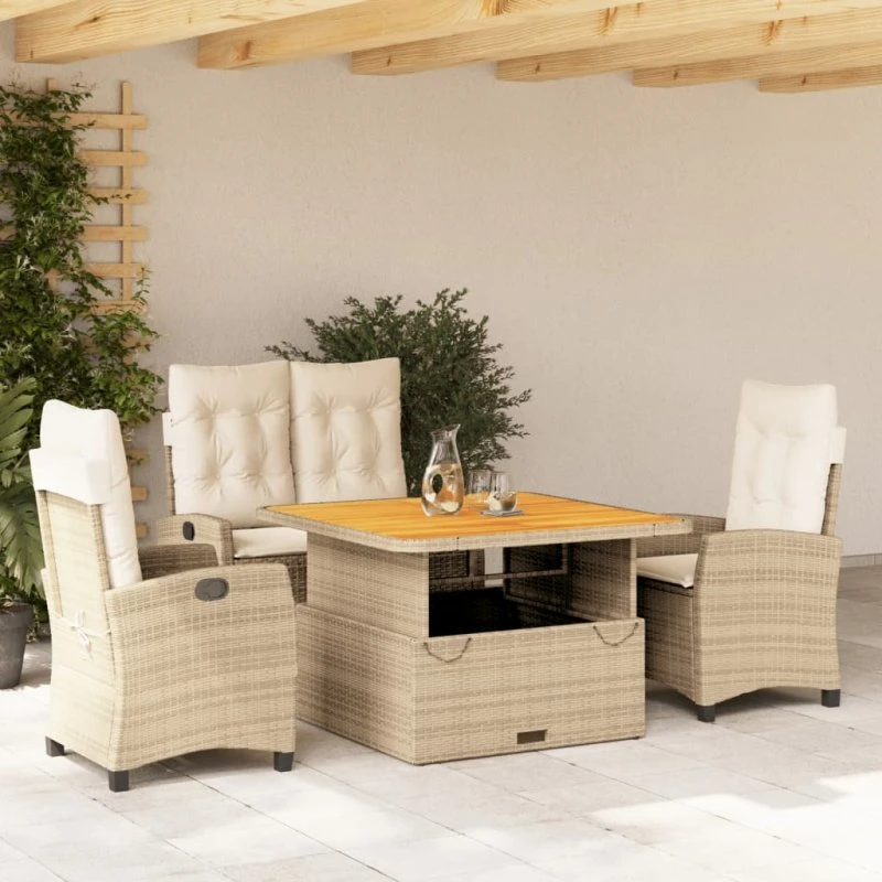 Havemøbelsæt 4 dele i polyrattan beige med hynder