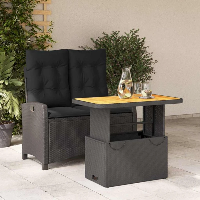 Spisebordssæt til haven i sort polyrattan, 2 dele m. hynder