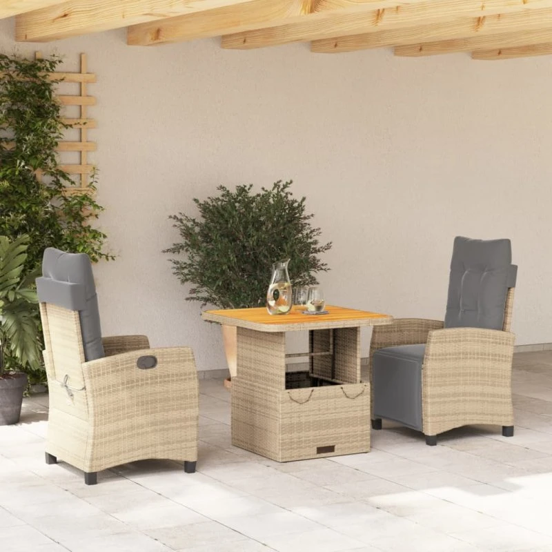 Havemøbelsæt 3 dele i polyrattan med hynder - beige