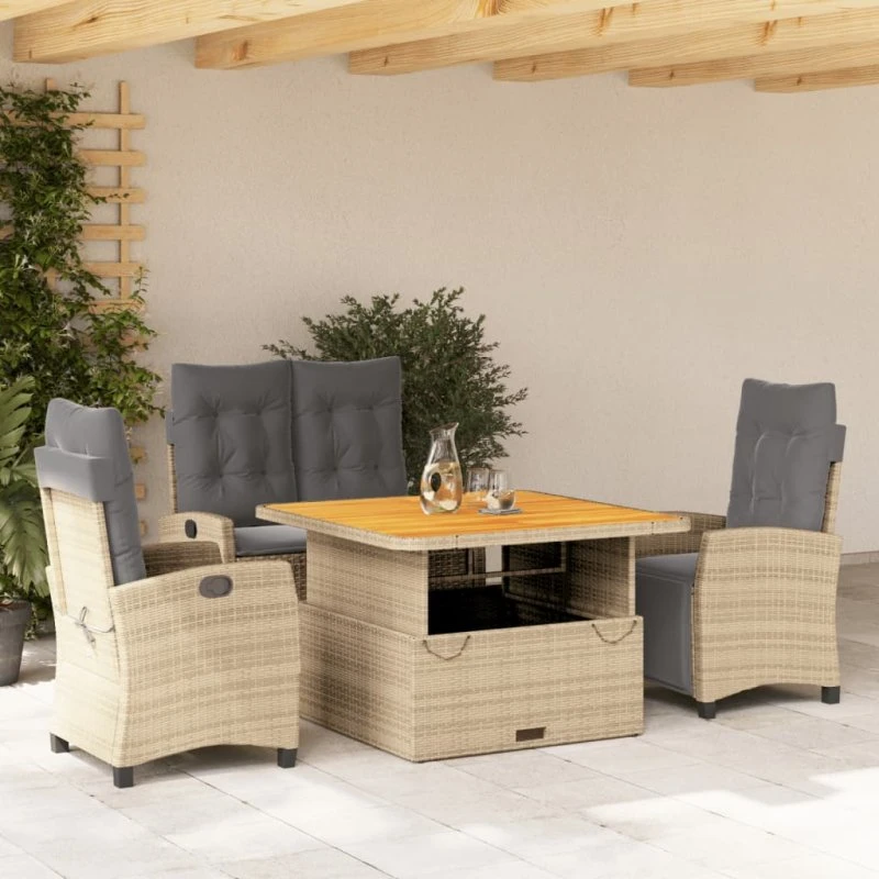 Havemøbelsæt 4 dele i polyrattan med hynder, beige