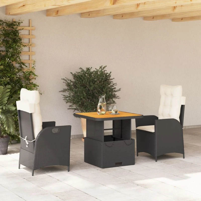 Spisebordssæt til haven 3 dele i sort polyrattan med hynder
