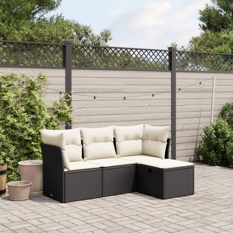 Sofasæt til haven 4 dele i sort polyrattan med hynder