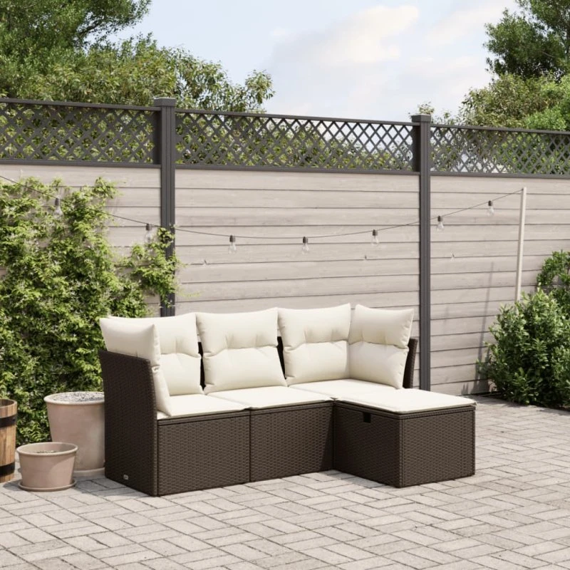 Havesofasæt 4 dele i polyrattan med hynder – brun