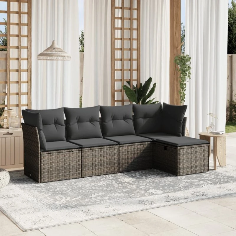 Havesofasæt 5 dele med hynder i grå polyrattan