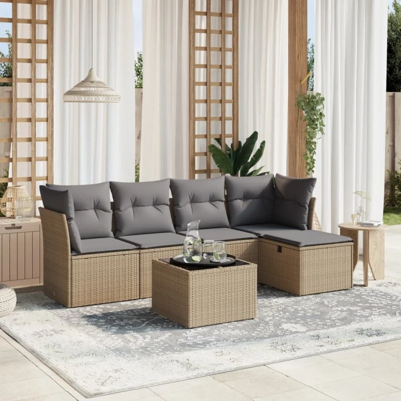Havesofasæt 6 dele i polyrattan beige med hynder