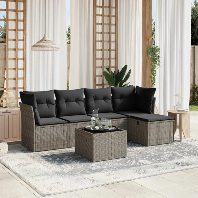 Havesofasæt 6 dele i polyrattan med hynder - grå