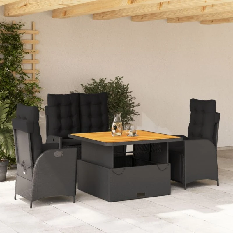 Spisebordssæt polyrattan 4 dele med hynder, sort