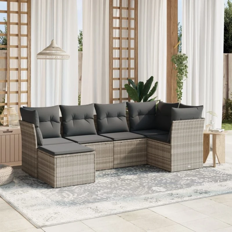 Havesofasæt 6 dele i lysegrå polyrattan med hynder