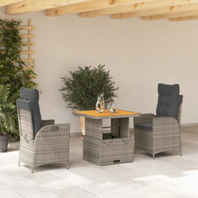Spisebordssæt i polyrattan 3 dele med hynder - grå