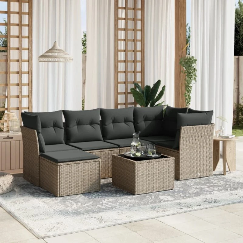 Havesofasæt 7 dele i lysegrå polyrattan inkl. hynder