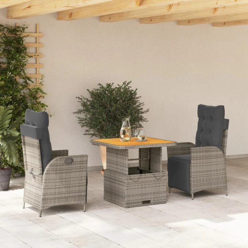Spisebordssæt til haven 3 dele i grå polyrattan