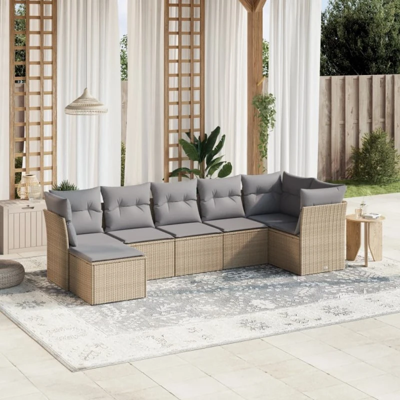 Havesofasæt 7 dele i polyrattan med hynder – beige