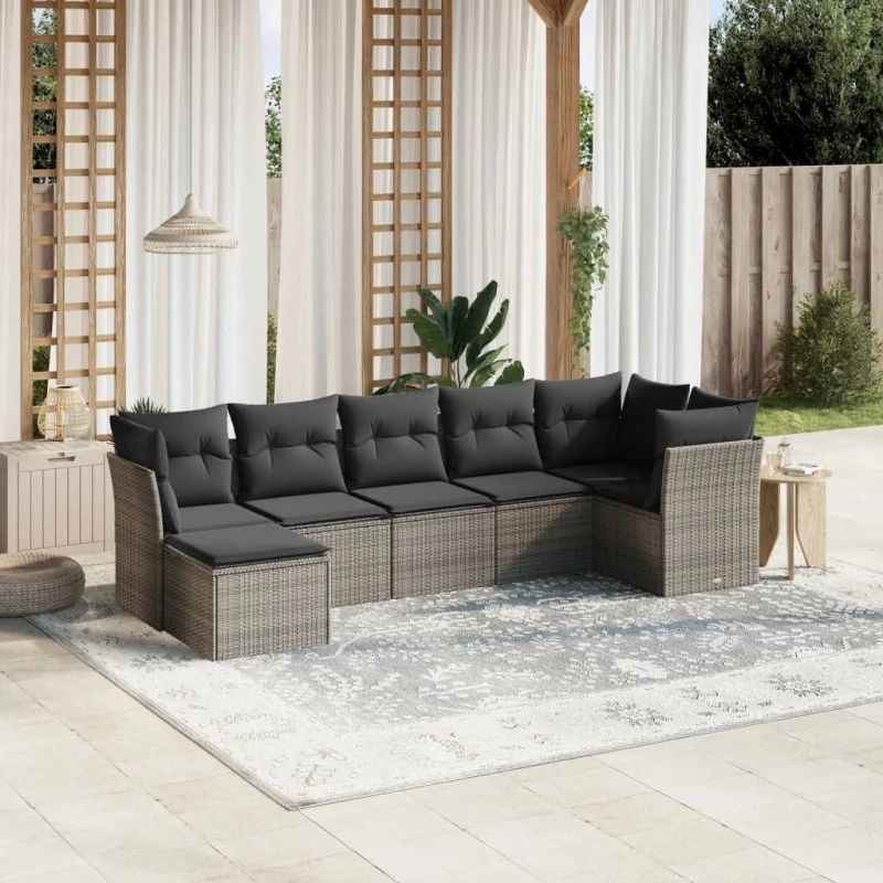 Havesofasæt 7 dele i lysegrå polyrattan med hynder