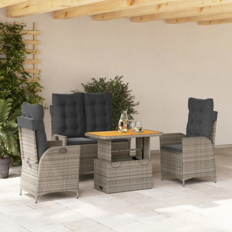 Spisebordssæt i polyrattan 4 dele med hynder - grå