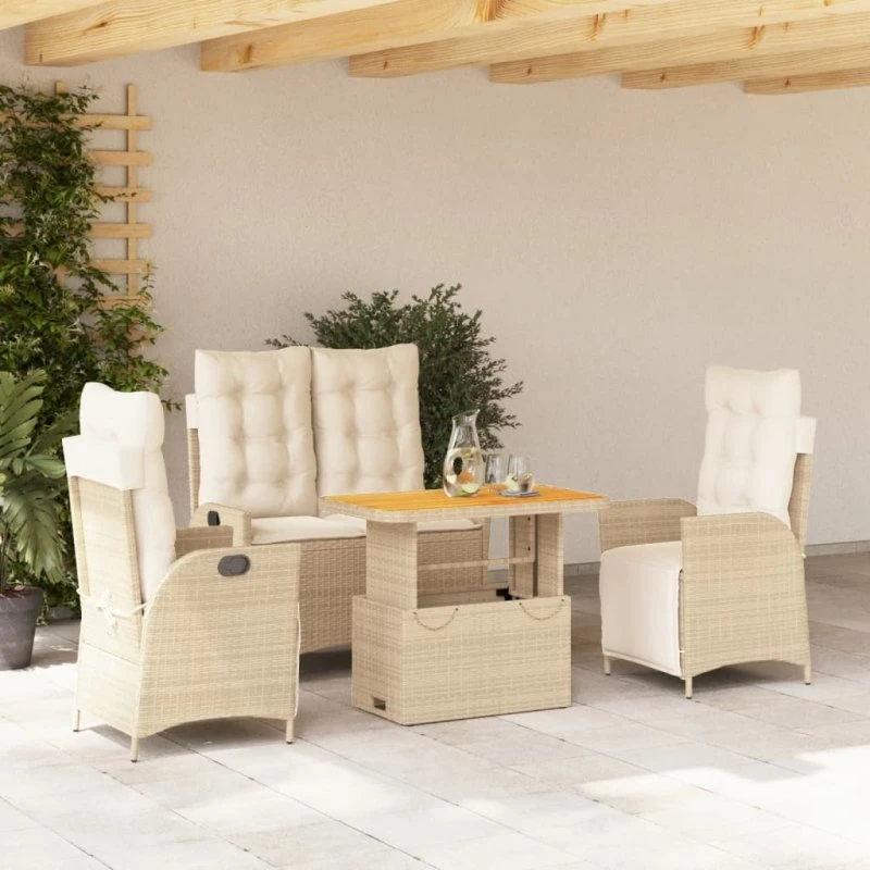 Havemøbelsæt 4 dele i polyrattan med hynder, beige