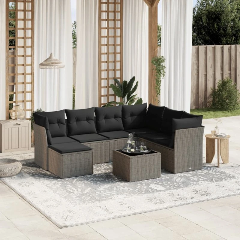 Havesofasæt 8 dele i lysegrå polyrattan inkl. hynder