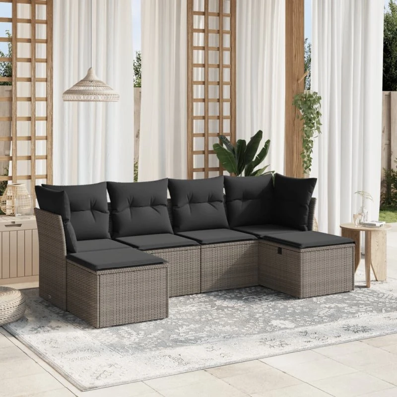 Havesofasæt i polyrattan 6 dele med hynder – grå