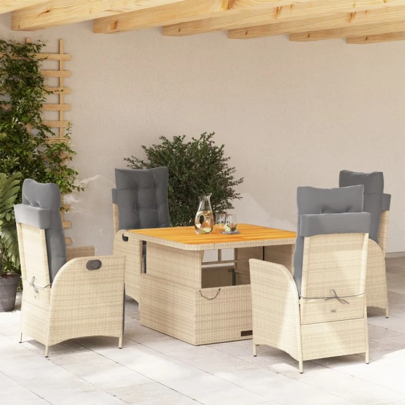 Spisebordssæt i polyrattan 5 dele med hynder – beige
