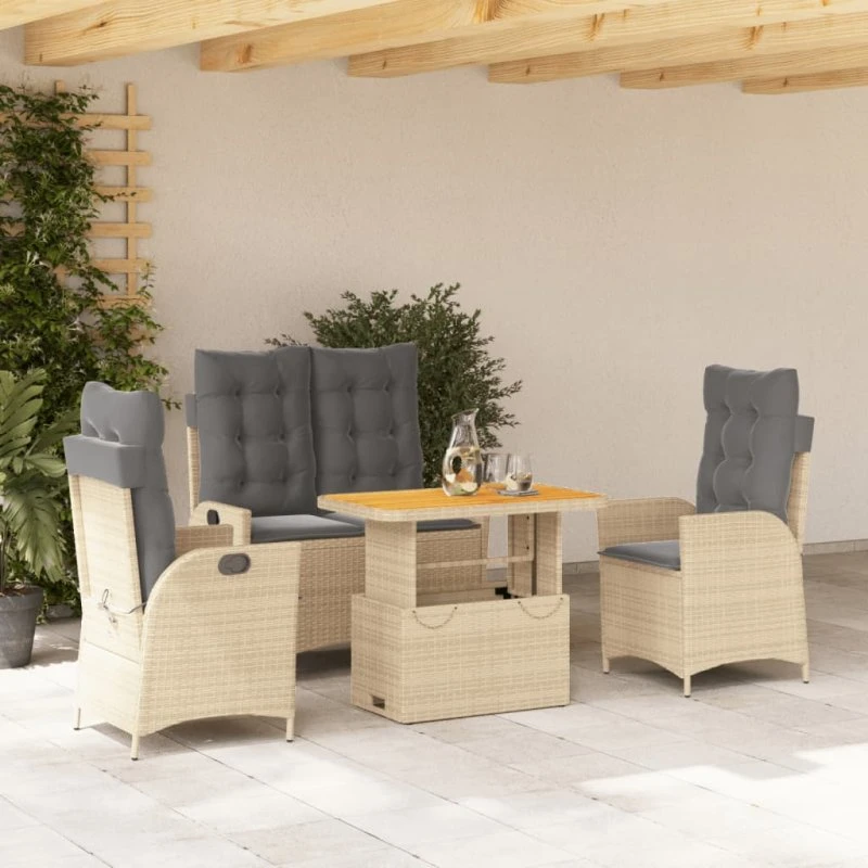 Havemøbelsæt 4 dele i polyrattan med hynder – beige
