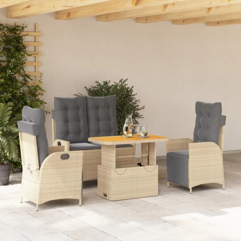Havemøbelsæt 4 dele i polyrattan med hynder (beige)
