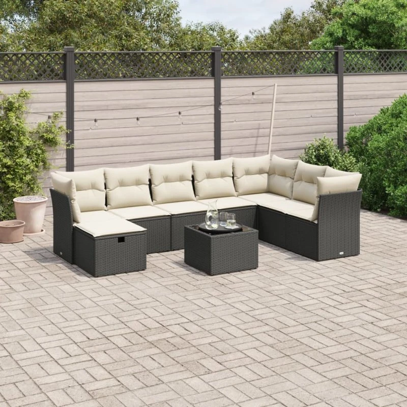 Havesofasæt 9 dele i polyrattan med hynder - sort