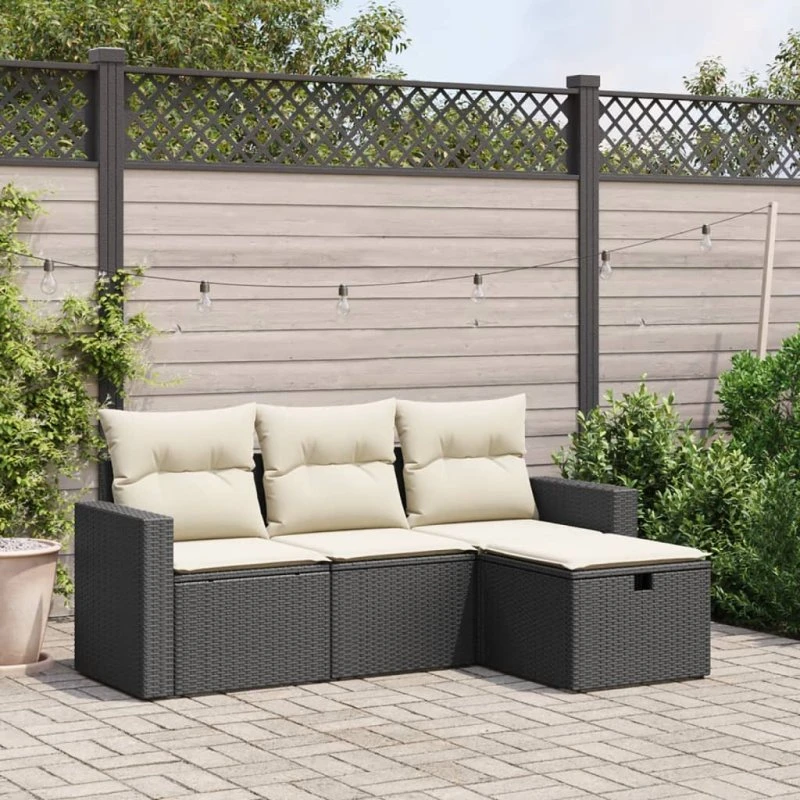 4-dele havesofasæt i sort polyrattan med hynder
