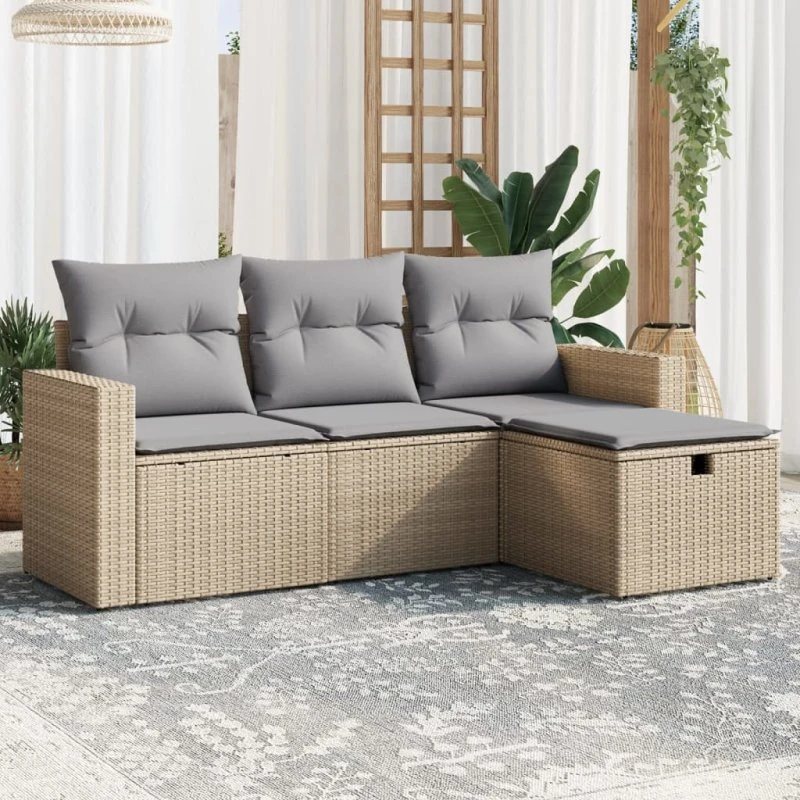 Havesofasæt 4 dele i polyrattan med hynder – beige