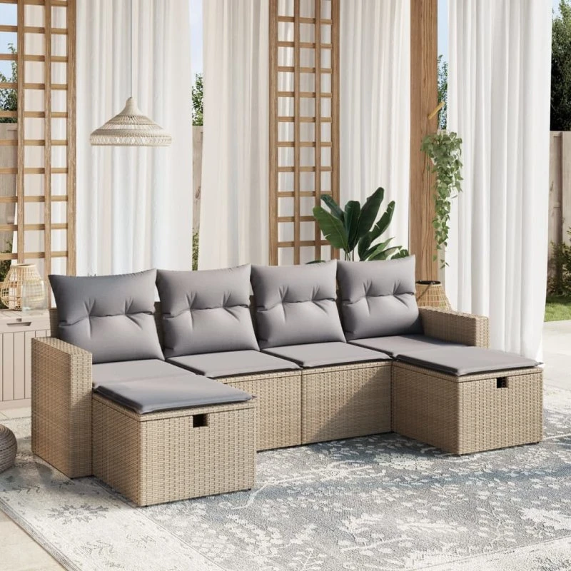 Havesofasæt 6 dele i polyrattan med hynder, beige