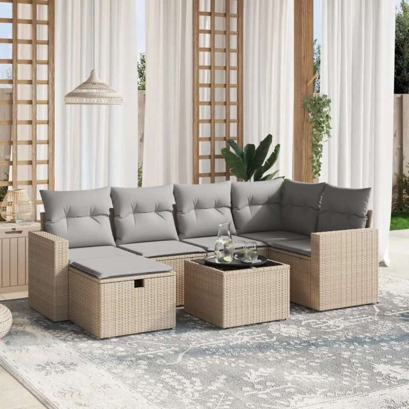 Havesofasæt 7 dele i polyrattan med hynder, beige