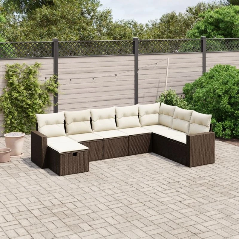 Sofasæt til haven 8 dele i brun polyrattan med hynder