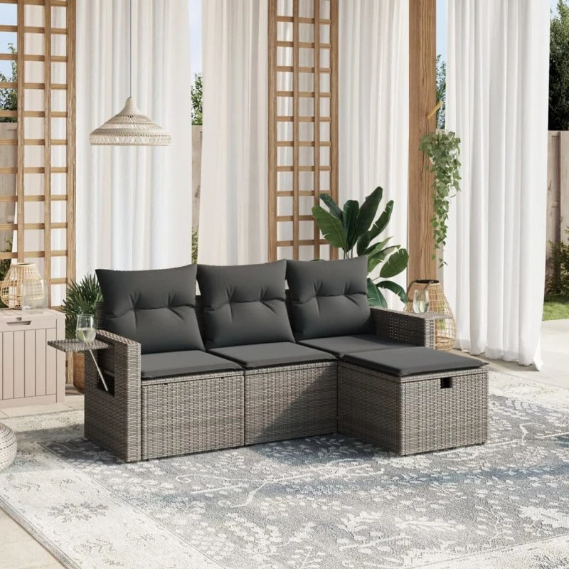 Sofasæt til haven 4 dele i polyrattan med hynder, grå