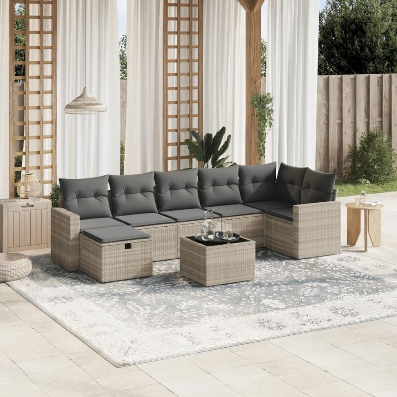 Havesofasæt 8 dele i lysegrå polyrattan med hynder