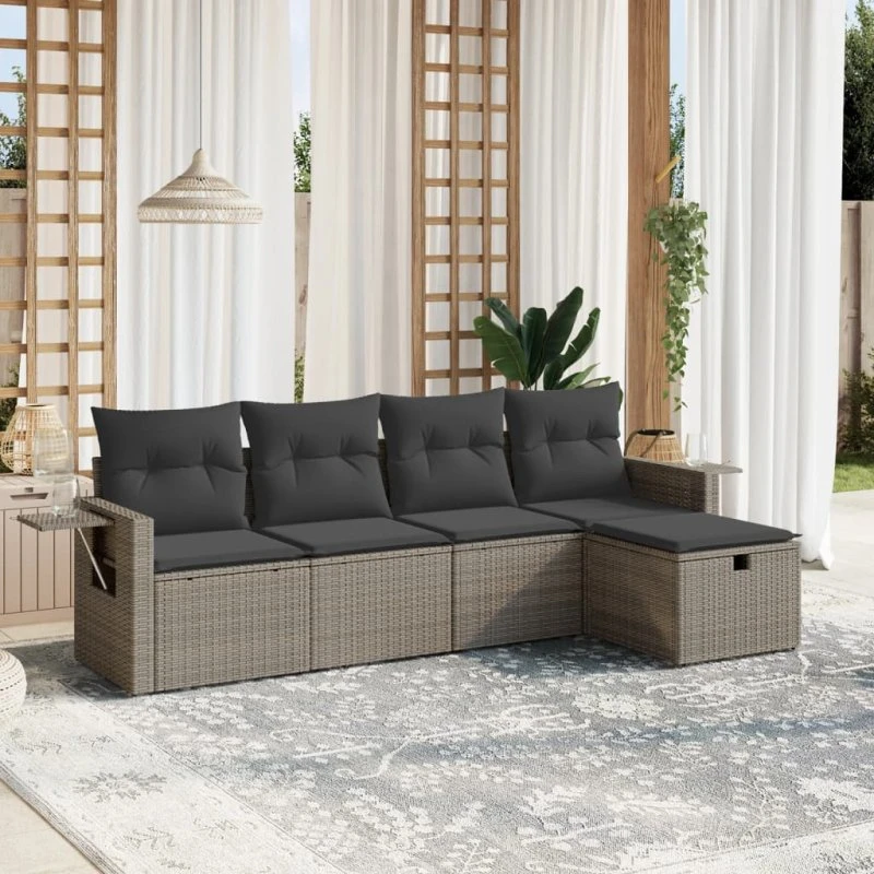 Sofasæt 5 dele i polyrattan med hynder, grå
